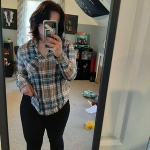 plaid partial button up top